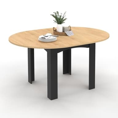 IDMarket - Table à Manger Extensible Ronde Dona 4-8 Personnes Noire Plateau façon hêtre 110-150 cm