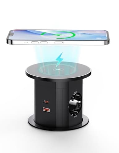 Multiprise encastrable 2 Prises, Multiprise Automatique Pop-up pour Plan de Travail avec Charge sans Fil 15W, Multiprise escamotable avec 2 USB-C (PD 20W), 2 USB-A pour Cuisine et Bureau, D 85