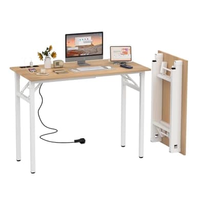 PIPIPOXER Bureau Pliant 100x50x76cm, Table Pliable avec 2 Prise de Charge USB et 2 Prise, Table de Bureau, Bureau d'Ordinateur Pliable, Cadre en Métal, Bureau Pliant pour Étudier, Chambre, Bois