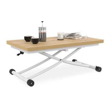IDMarket - Table Basse Extensible relevable en Table à Manger rectangulaire Urbana 100 cm Plateau façon hêtre Pied Blanc