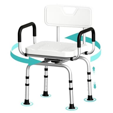 TODO Tabouret de Douche pivotant à 360°, Siege Douche avec Accoudoirs et Dossier, Chaise Douche Antidérapant Personne Âgée Femmes Enceintes, Tabouret Salle de Bain Réglable en Hauteur, à 120 kg