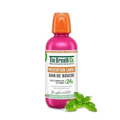 The Breath Co Bain de Bouche Prévention Caries, à base de fluor, formule developpée par un dentiste, aide à combattre les caries pendant 24h*, rafraîchit l'haleine, sans alcool, ne pique pas, 500ml