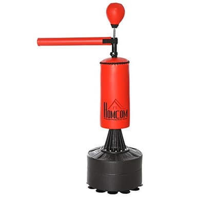 HOMCOM Sac de Frappe sur Pieds Punching Ball brunier 3 en 1 avec Ballon de Vitesse Bras Flexible Rotatif Hauteur réglable revêtement synthétique Base HDPE dim. 88L x 48l x 155-205H cm Noir Rouge