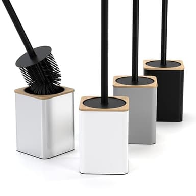 SAVEGA - Brosse WC en Silicone Blanche avec Bambou - Balayette Toilettes élégante avec Support INOX et Couvercle Anti-Projections