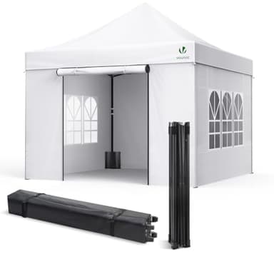 VOUNOT® Tonnelle de Jardin Pliante 3 * 3m Renforcé avec 4 Parois Mur fenêtre Tente en Polyester Imperméable pour Festival Jardin Camping Sac de Transport et Sacs de Sable Inclus Blanc