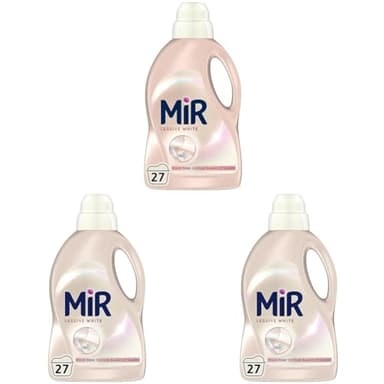 Mir, Lessive liquide White, Formule 3en1, Technologie anti-grisaillement, Ravive les couleurs clairs et le blanc, Nettoie avec soin, Lisses les fibres, Parfum longue durée, 27 lavages (Lot de 3)