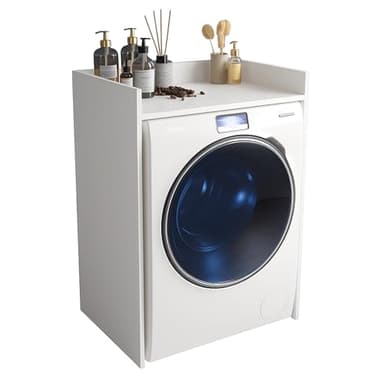 INNOVAHOME Armoire Machine a Laver, Meuble Machine à Laver et Sèche-Linge, Meuble Lave Linge avec Étagère de Rangement, Cache Supérieur sans Perçage - Blanc Mat 66x97x62cm
