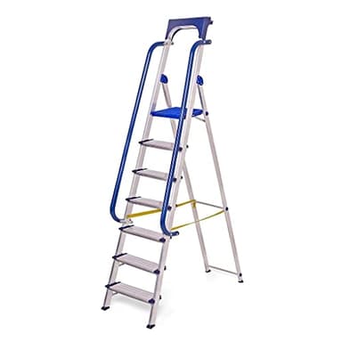 Escabeau 7 marches Secure pro, aluminium renforcé, sécurisé avec rampes, tablette porte-outils, hauteur plateforme 158cm, charge 150kg Hostrom