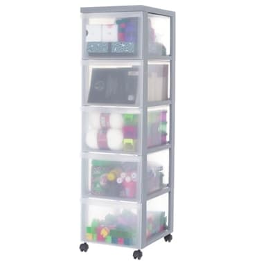 Iris Ohyama, Tour de rangement à Roulettes en Plastique, 5 Grands Tiroirs, Gris, Ouverture Facile, Meuble de Rangement, Papeterie, pour Chambre, Salle de Bain, École & Bureau, Sans BPA, DC-305