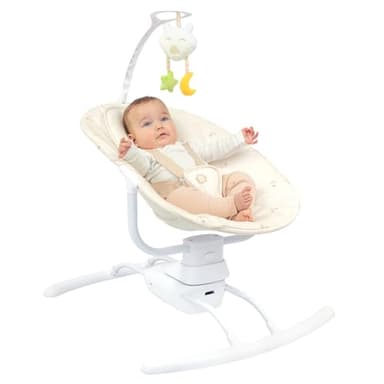 Badabulle Balancelle Electrique Bébé Latérale Buddy Cream - 3 Vitesses de Balancement - 8 Berçeuses - Arche de jeux - Garantie à vie