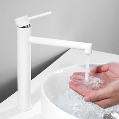 ONECE Robinet Vasque à Poser, Mitigeur Haut pour Salle de Bains, Robinet de Lavabo Eau Chaude et Froide, Acier Inoxydable Résistant à l'usure, Mousseur Remplaçable, Blanc