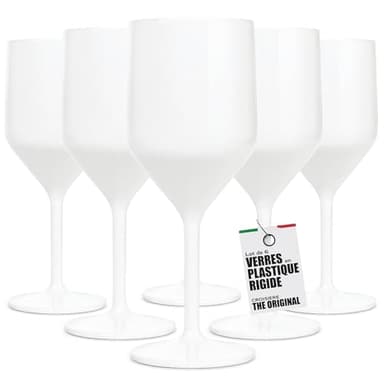 TUNDRA - Lot de 6 Verres a Pied CROISIERE 25 cl en PLASTIQUE RIGIDE SAN, Réutilisables, Verres à Vin Incassables, BPA-Free et Lavables au Lave Vaisselle, Verre à Champagne, à Vin, à Cocktail (Blanc)