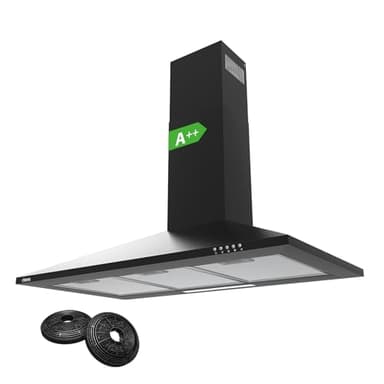 Ciarra CBCB9201 Hotte Aspirante 90 cm - Classe A++ - 370m³/h - 3 Vitesses - Recyclage ou Evacuation - Cheminée Extensible - Filtres à Charbon INCLUS - Noir