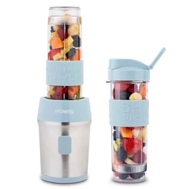 H.Koenig Mini Blender/Smoothie/Mixeur SMOO16 – 570mL, 300W, 4 Lames Inox, Sans BPA, 2 Bouteilles portables avec couvercles de voyage, Bleu Pastel