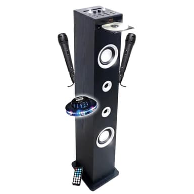 INOVALLEY Tour de Son Lecteur CD et Karaoké HP49CD, 100W USB Bluetooth Radio FM, 2 Microphones + Supports Télécommande, LED OVNI