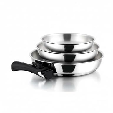 Cflagrant Set 3 Poêles Inox 18/10 avec Manche Amovible – Sans PFAS, Sans PTFE, Sans PFOA – Compatible Induction, Four & Lave-Vaisselle – Poêles Empilables 20/24/28 cm – Cuisine Saine