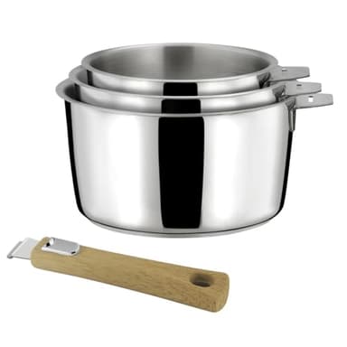 CUISINOX - Malice - 3 casseroles 16/18/20 cm (1.5L, 2L, 3L) tout inox avec poignée effet bois clair - Fond sandwich - Compatible tous feux - Acier Inox 18/10 - Finition brillant - Poignée Amovible