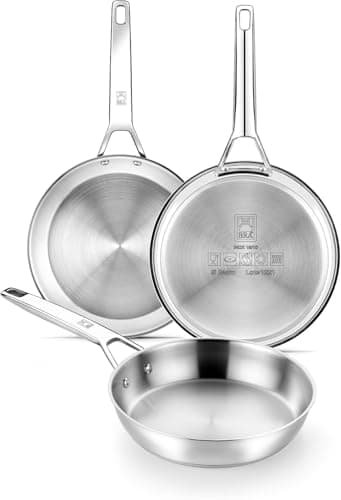 BRA Signature | Lot de 3 poêles en acier inoxydable 18/10 professionnel sans revêtement antiadhésif, triple fond diffuseur, tous feux dont induction, finition polie brillante, 20-24-26 cm