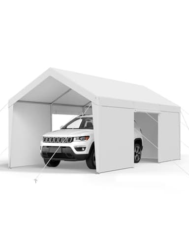 VEVOR Tente Garage, 3,65 x 6,09 m, Carport Abri de Voiture Extérieur avec Parois Latérales Amovibles et Portes, Résistant aux UV et à l'eau, Protection Toutes Saisons pour Automobile et Bateau, Blanc