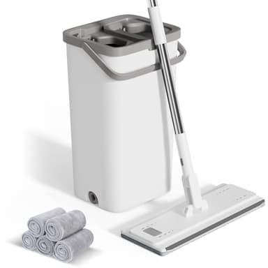 Eukue Serpillère Seau Essoreur, Balai Serpillère Microfibre Plat avec 5 Serpillères Réutilisables, Serpillère et Seau Essoreur avec Manche INOX, 2 en 1 Seau Serpillere pour Nettoyage Tous(Blanc)