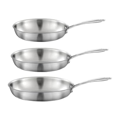 CUISINOX - Gourmet - Lot 3 poêles triply tout inox 24-28-32 cm avec poignée fixe - Compatible tous feux - Acier Inox 18/10 - Finition Satinée - Sans PFAS, PTFE, PFOA - Made in France