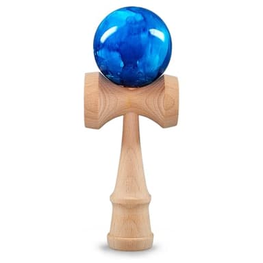 Ganzoo Kendama Traditionnel d’adresse en Bois de hêtre véritable Blue Flash Bleu, Balle Ø 6 cm, Hauteur 16 cm, Corde Nylon, 3 coupelles, 1 pièce, Largeur 6,8 cm, Poids 144 g