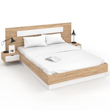 IDMarket - Lit Double Santa avec tête de lit + Tables de Chevet intégrées et sommier 140 x 190 cm Bois et Blanc