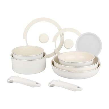 Sitram 716977 Batterie de cuisine 10 pcs en aluminium blanc – Revêtement céramique sain sans PFAS – 2 poêles Ø20/28, 2 casseroles Ø18/20, 1 sauteuse Ø26 + 3 couvercles – Tous feux dont induction