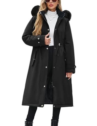 CMTOP Manteau Femme Hiver Longue Chaud Polaire Manteaux Hydrofuge Coupe-Vent Parka à Capuche Amovible Epaissé Peluche Blouson Élégant et Classique Outercoat avec Poches et Zippé(Noir,L)