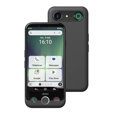 Doro - Smartphone Aurora A10 - Téléphone Portable Senior - Facile à Utiliser - Touche d'Assistance avec Localisation GPS - Compatible Appareils Auditifs - Câble USB Inclus - Graphite