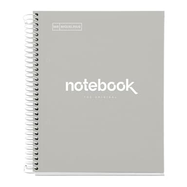 Miquelrius - Cahier A5 Carnet de Notes Emotions, 80 Feuilles 90 g/m², Rayure horizontale de 7 mm, 1 Bande de couleur, Spirale microperforée, Couverture extra-dure, 2 Trous, Couleur Gris