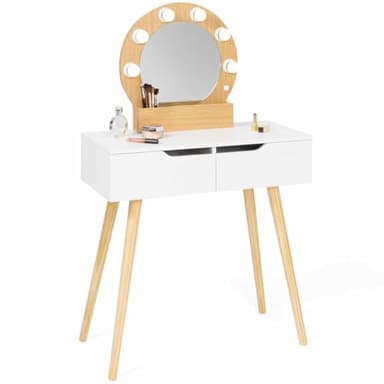 IDMarket - Coiffeuse scandinave 2 tiroirs HORIA Bois et Blanc avec Miroir LED