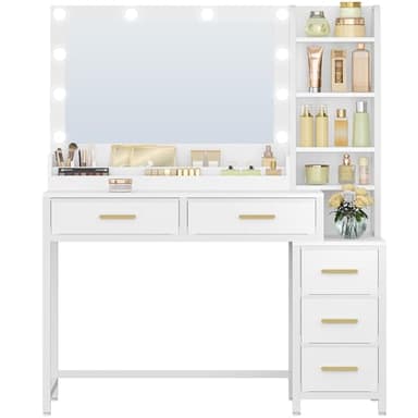 HEXCELEN Coiffeuse avec Miroir, Table de Maquillage avec Éclairage LED, 10 Boules Lumineuses LED, 3 Couleurs, 5 Tiroirs et 5 Compartiments Ouverts, 40 × 110 × 141 cm, Moderne, Blanc