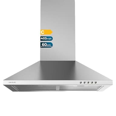 Cecotec Flux PM 604300 Hotte aspirante, 60 cm, Acier Inoxydable C. Forme pyramidale, Finition Acier Inoxydable, Puissance d'aspiration 403 m³/h, Moteur 105 W, Classe C, Commande Mécanique, 3 Niveaux