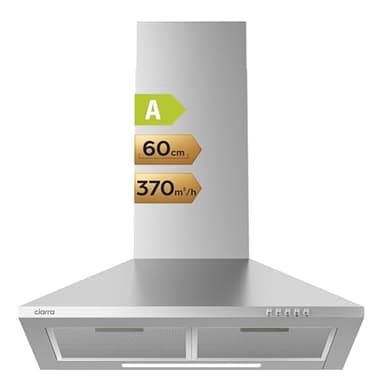 CIARRA CAS6201A Hottes Aspirantes 60cm 370m³/h Class A- Evacuation ou Recyclage -Filtre Charbon NON INCLUS - 3 Niveaux de Vitesse - Hotte Murale - Inox