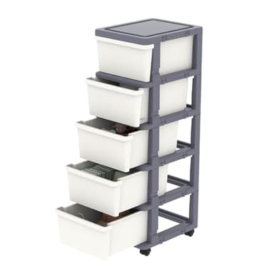 Cetomo Tour de Rangement, Tiroirs de Rangement en Plastique, Caisson de Bureau sur Roues Verrouillables pour Domicile à Chambre, Dormoir, Détachable, Combinaison Libre, Blanc et Gris, 5 Tiroirs