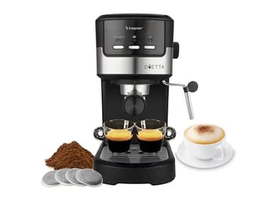 BEPER P101CAF100 Machine à café expresso Duetta, 1100W, Convient aux dosettes et au café en poudre, Machine avec bras à double sortie, 15 bars, Chauffe-tasses, tasse à mesurer et presseur inclus, Noir