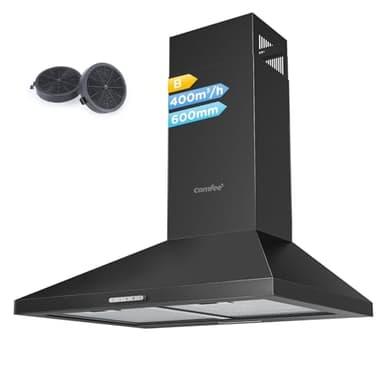COMFEE ' PYRA17B-60 Hotte aspirante noire 60 cm avec LED, système de recirculation et canalisation et filtres à charbon [Classe d'efficacité énergétique B]