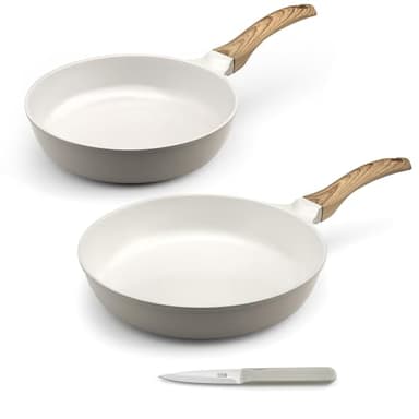 CUISINOX Mythic - Set 2 poêles 24/28cm revêtement céramique blanche, 1 couteaux d'office