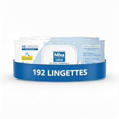 Mixa Lingettes Bébé à L'eau Thermale, Lot de 4 x 48 Lingettes : Hypoallergéniques, Nettoient en Douceur