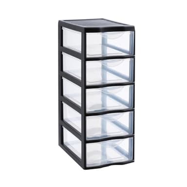 SUNDIS Orgamix, tour de rangement en plastique noir, 5 tiroirs transparents format papier A4, hauteur 61 cm, idéale rangement bureau, cours, documents, fournitures, accessoires