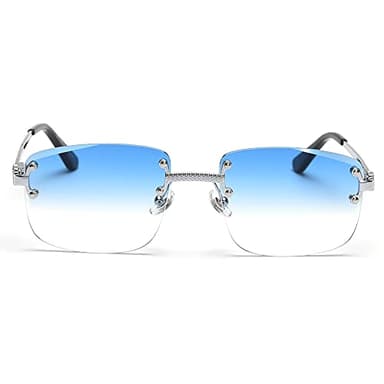 kachawoo Lunettes de soleil sans monture, carrées, couleur progressive, style rétro vintage, Argent/bleu