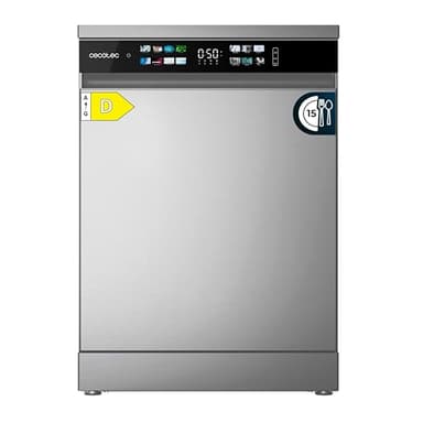 Cecotec Lave-vaisselle 60cm Bolero Aguazero 6210 Inox D Lave-vaisselle inox, 15 couverts, Classe D, écran FullColor XXL, 14 programmes, Lavage Dual Zone, Aquastop, Dry+, Plateau réglable et AutoClean.