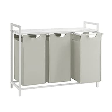 VASAGLE Panier à Linge 3 Compartiments, Corbeille à Linge Sale, 3 Sacs Amovibles en Tissu Oxford, Étagère, Cadre en Métal, 3 x 40 L, 92,5 x 33 x 72 cm, Blanc Crème et Blanc Mat BLH301W01