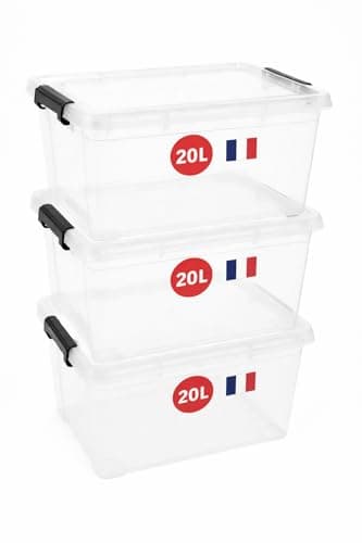 Boite Rangement Plastique avec Couvercle - 20L - Lot de 3 - Caisse Transparent - Clips de Fermeture - Poignée - Empilable - Plastique Renforcé - Idéale pour la Chambre, Garage - Fabricant Français