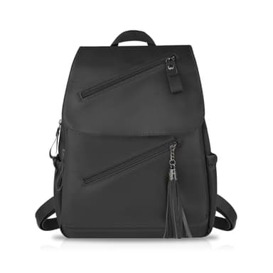 FuninCrea Sac à dos décontracté en cuir pour femme avec 5 poches zippées, sac à dos tendance à rabat pour femme, sac à dos de voyage imperméable pour le travail, l'université, Noir , M