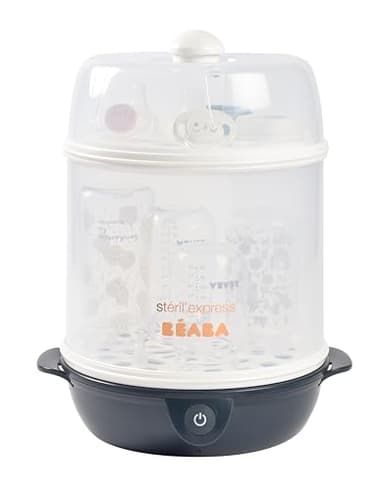 BÉABA, Stérilisateur Biberons 2 en 1, Evolutif, Électrique à Vapeur, 2 en 1, 2 Compartiments, Jusqu'à 8 biberons & Accessoires, Ultra rapide, Minuterie, Stéril'Express, Night Blue