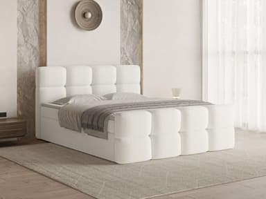 GRAINGOLD Rivon Lit, Boxspring avec Coffre de Rangement, Rembourré avec Matelas à Ressorts Bonell, Lit Double, Tissu en Boucle, avec Tête de Lit, pour Chambre Moderne (Créme, 160x200)