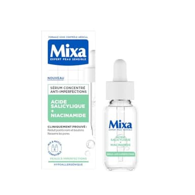 Mixa Sérum Concentré Anti-Imperfections, Sérum Visage avec Niacinamide et Acide Salicylique - Réduit Boutons, Points Noirs, Pores Resserrés, Convient aux Peaux Sensibles et à Imperfections, 30ml