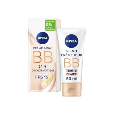 NIVEA - BB Crème 5 En 1 Teinte Claire - Crème Visage FPS 15 - Hydratation 24H - Réduit Imperfections & Signes De Fatigue - Huile De Jojoba Bio & Pigments Minéraux - Vegan - Tous Types De Peaux - 50 ml